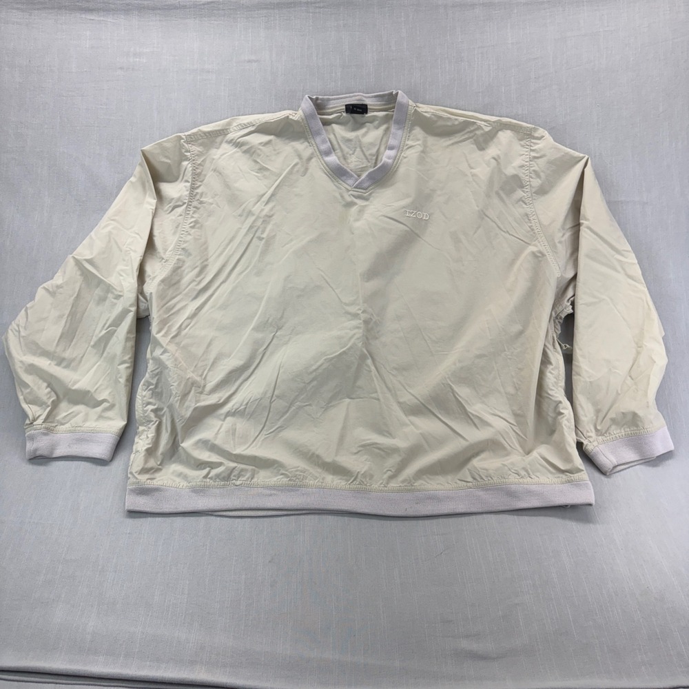 IZOD Windbreaker Mens XXL Pullover V-Neck Beige Nylon Golf Windshirt Pocket
